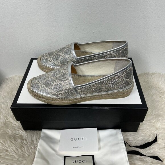 Gucci Espadrilles Heritage Logo Monogram Marmont GG Lame Silver Flat 38.5/39 - Picture 5 of 10
